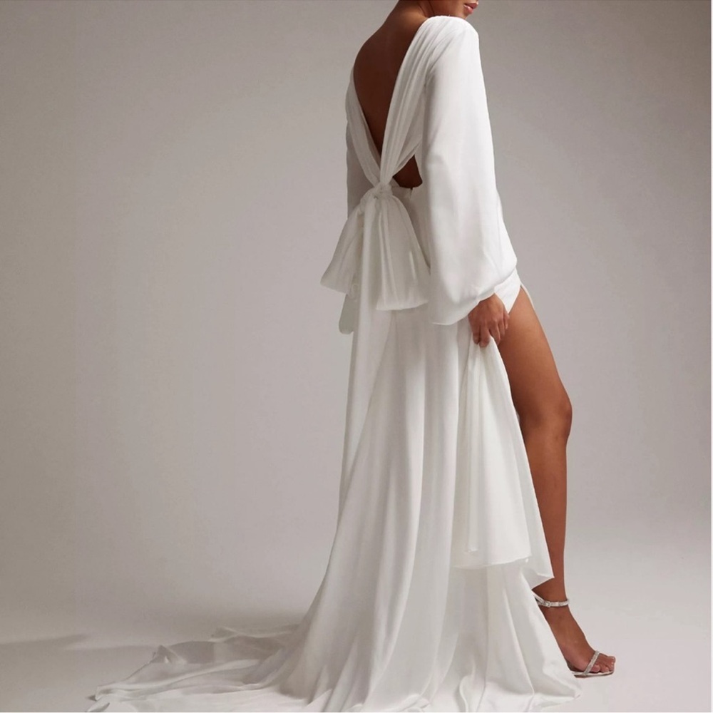ASOS Mary Satin Wedding Dress with drape bow back and blouson sleeve in